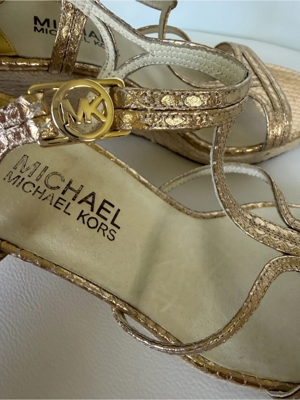 MICHAEL Michael Kors Gold Metallic Snakeskin Espadrille Wedge Sandals Size 7